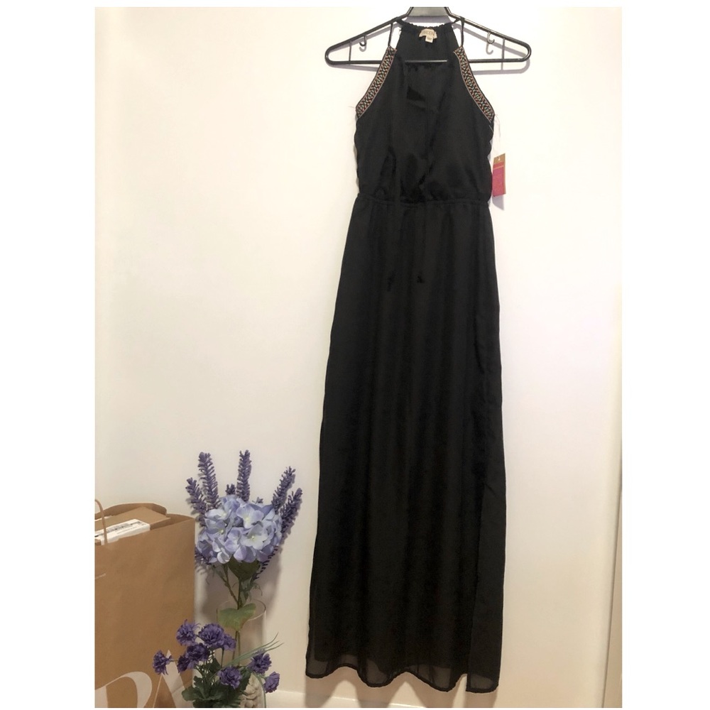 Long Black Dress Halter Neck with Mesh details